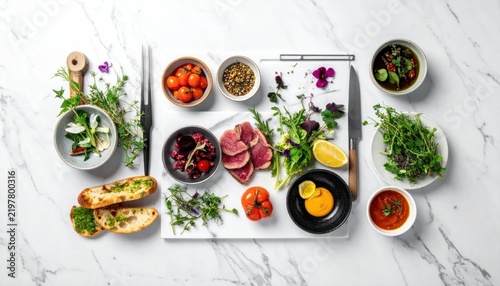 Top down view of healthy gourmet meal ingredients.