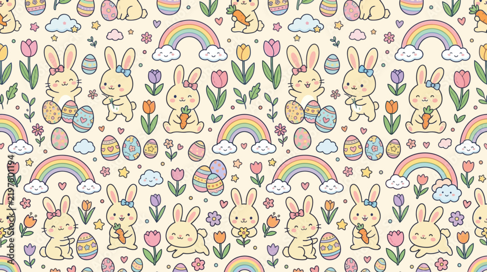 Naklejka premium Seamless pattern with kawaii bunnies and Easter eggs on a cream background