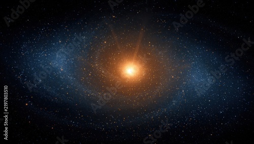 Vast Spiral Galaxy Center Glowing Bright Orange Starfield Deep Space Nebula Cosmic Background Illuminated by Luminous Core Distant Stars Twinkling in Blue Hues