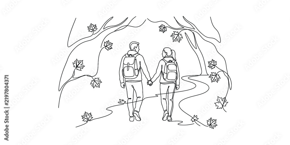 Obraz premium Couple hiking together in a forest with autumn leaves isolated on white background.