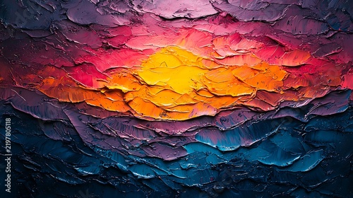 Abstract Sunset Swirls: A vibrant, textured abstract artwork evokes the fiery hues of a sunset, with swirling patterns of deep blues, purples, warm oranges, and brilliant yellows.