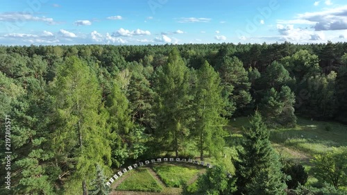 Aerial Torun Poland Soviet soldiers cemetery forest descend 1. Stalag XXI-C was a German Army World War II prisoner of war camp. Memorial is mass graves of over 14,000 prisoners executed. Historical.