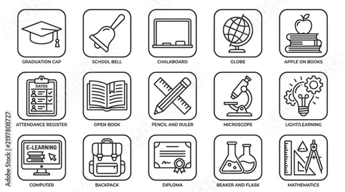 Educational supplies and school life linear icon set.