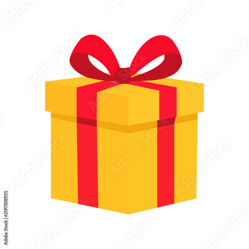 Yellow gift box with a red ribbon bow isolated on a transparent background as a flat vector illustration