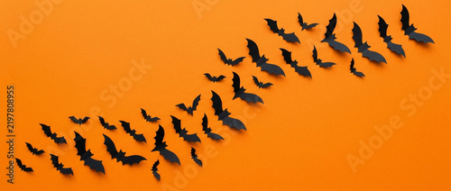 Black Bat Silhouettes Halloween Flying Orange Background Copy Space