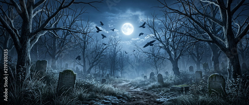 Eerie Cemetery at Night: Full Moon, Flying Crows, Gravestones, Spooky Trees