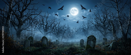 Eerie Cemetery at Night: Full Moon, Fog, Flying Crows, and Gravestones