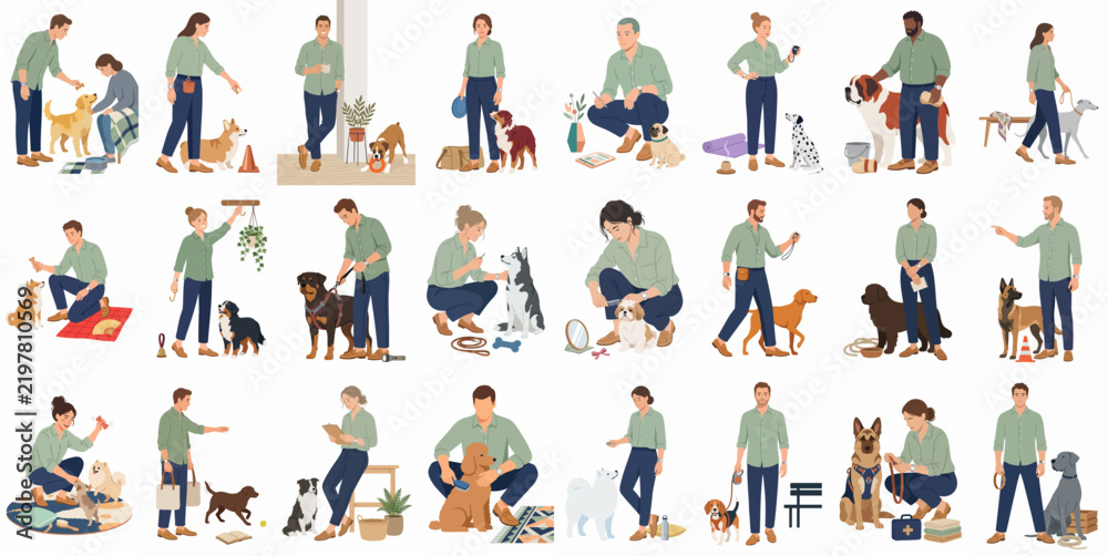 Fototapeta premium Flat character illustration collection of people with different dog breeds engaged in various activities like training, walking, playing, and grooming.