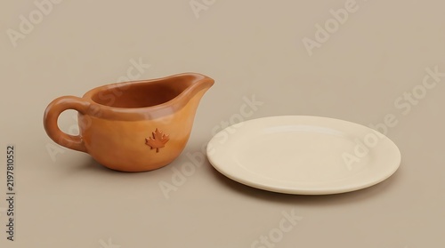 Ceramic gravy boat featuring maple leaf decoration sitting beside small round plate on neutral background