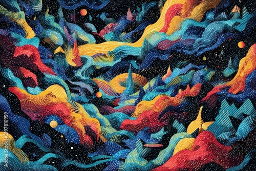 Vibrant Abstract Digital Art Swirls of Red Yellow and Blue with White Speckles on a Black Background Cosmic Nebula Effect