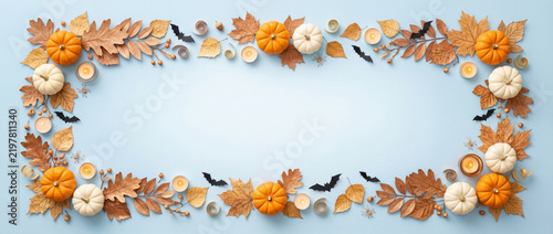 Autumn Halloween Decorative Border with Pumpkins, Leaves, Bats, and Candles