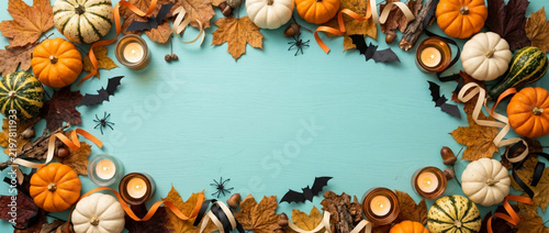 Autumn Halloween Frame with Pumpkins, Leaves, Bats, and Candles