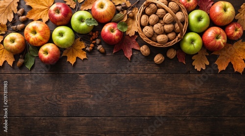Autumn harvest border with red and green apples, walnuts in a wicker basket, and colorful fall leaves on dark wooden background with copy space