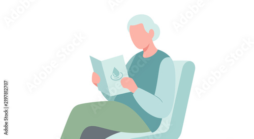 Person reading a document against a plain white background