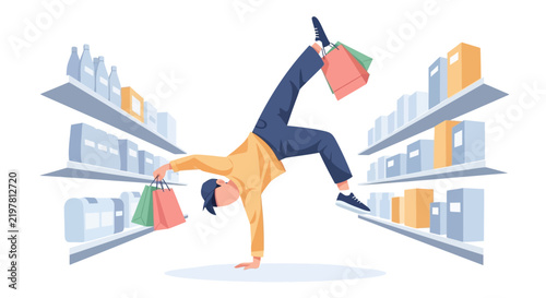 Person shopping in supermarket holding bags in front of shelves with goods