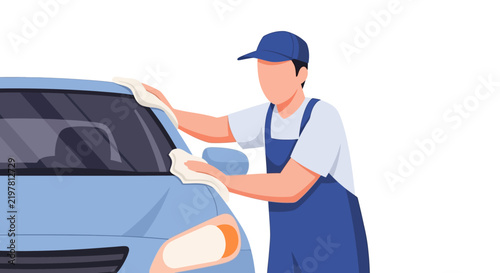 Person washing blue car windshield with cloth in vector illustration