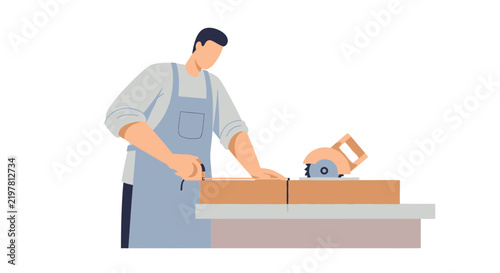 Person wearing blue apron pouring liquid into cup in flat vector style