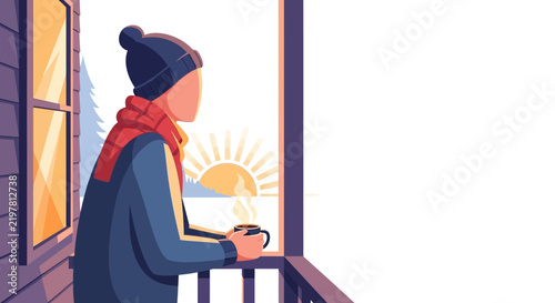 Person wearing beanie and scarf looking at sunrise outdoors in winter season