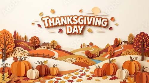 Thanksgiving Day paper cut landscape, autumn harvest scene with 3D paper pumpkins and fall foliage, rustic seasonal holiday background with rural houses