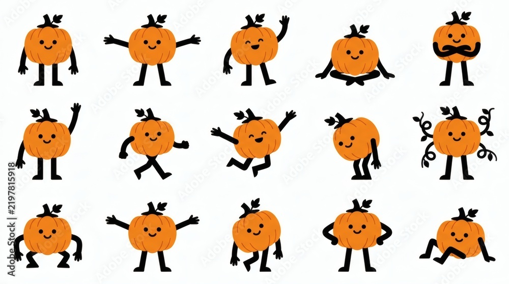 Fototapeta premium Black And Orange Two Tone Flat Vector Pumpkin Bodied Characters Collection Poses