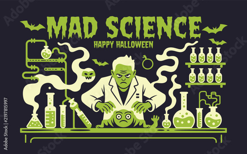 Obraz na plátně Mad science happy halloween graphic with mad scientist and laboratory equipment