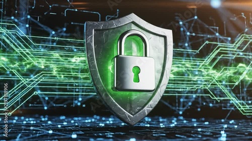 Cyber security shield with glowing digital padlock animation protecting private network data in virtual cyberspace environment