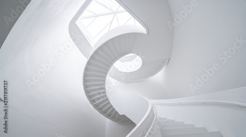 Modern white spiral staircase interior architecture, minimalist design with skylight, abstract geometric curves, bright clean contemporary building structure background