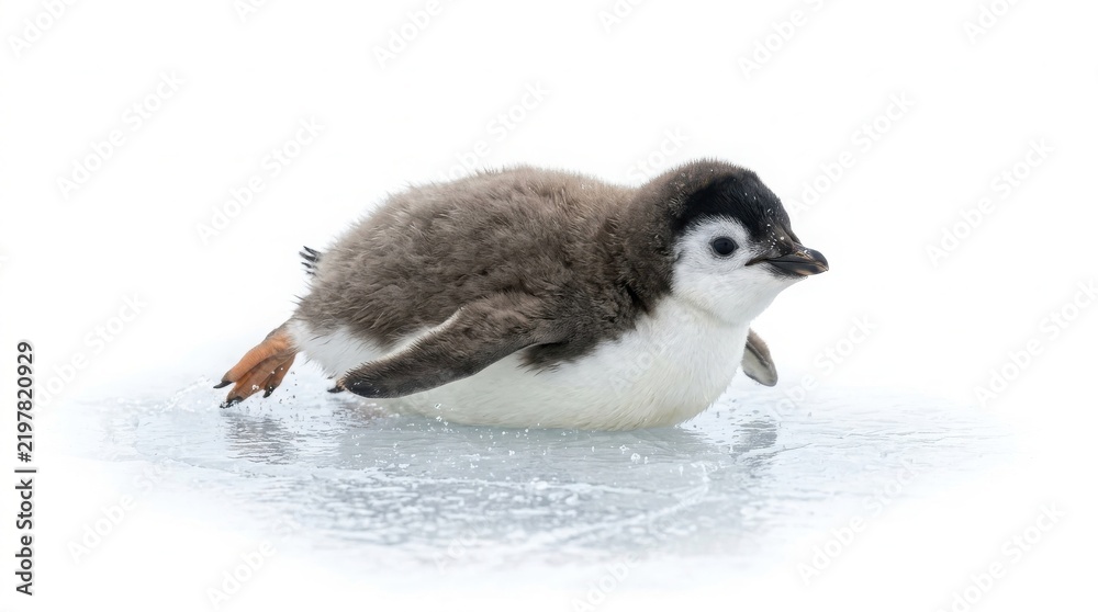 Fototapeta premium Fluffy emperor penguin chick sliding on the ice in a snowy habitat with baby penguin icy habitat polar bird young penguin antarctic bird wildlife animal snowy background ice surface wild bird