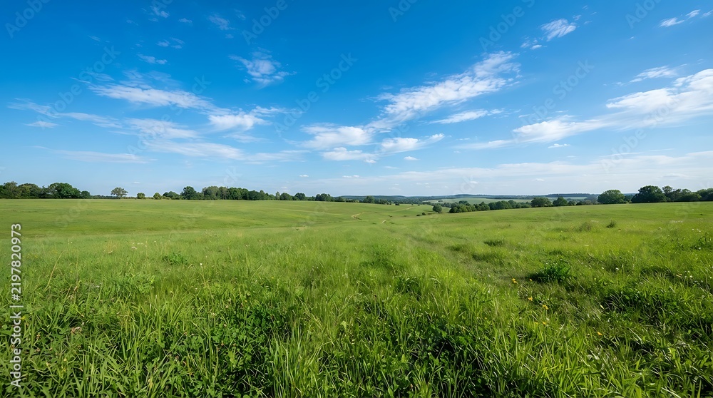 Obraz premium Scenic landscape with a lush green field under a vibrant blue sky with fluffy white clouds on a sunny day