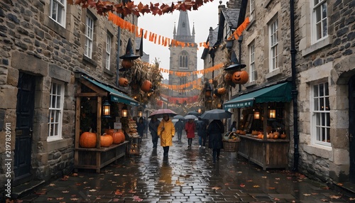 People walking through a rainy historic town decorated for Halloween