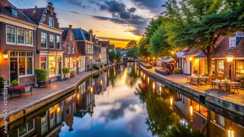 A serene canalside promenade lined with quaint shops and eateries in dokkums picturesque diepswal street glows softly at dusk