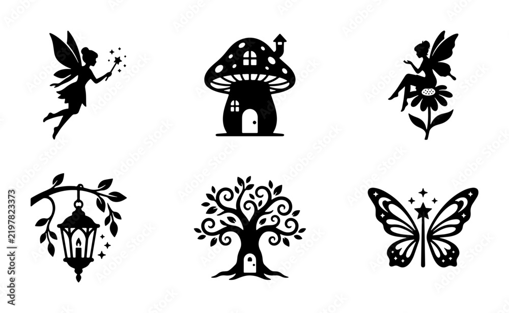 Fototapeta premium Enchanted Fairy Icons, Magical Woodland Elements, Whimsical Nature Graphics, Fantasy Vector Set