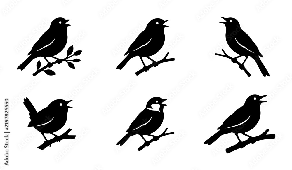 Fototapeta premium Chirping Bird Silhouettes Set, Vector Icons, Nature Elements, Songbird Graphics