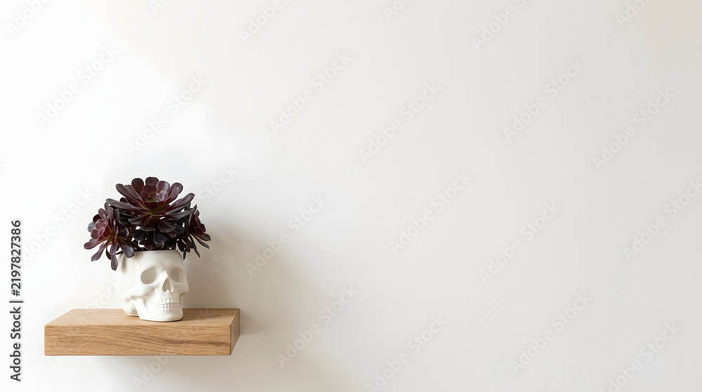 Fototapeta premium Matte white ceramic skull planter holding a dark purple aeonium succulent resting on a natural oak floating shelf against an off-white wall for quiet luxury modern Halloween concept[cite: 21]