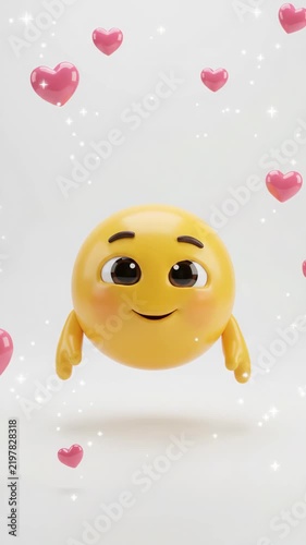 3D Yellow Emoji Blowing a Kiss with Pink Hearts and Winking on White Background. Vertical video
