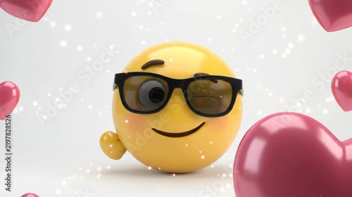 3D yellow cool emoji with sunglasses blowing a flying kiss with pink hearts and winking on white background