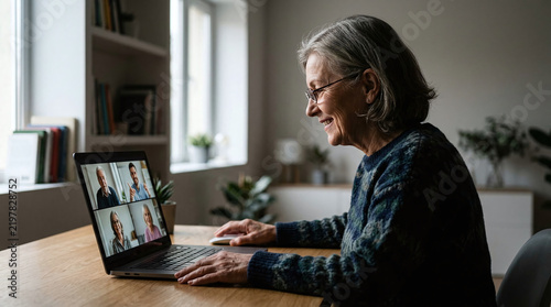 Senior woman smiling while participating in a video conference call on a laptop