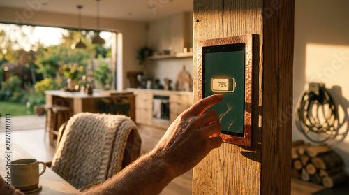 Smart home control panel mounted on wooden pillar inside modern residence