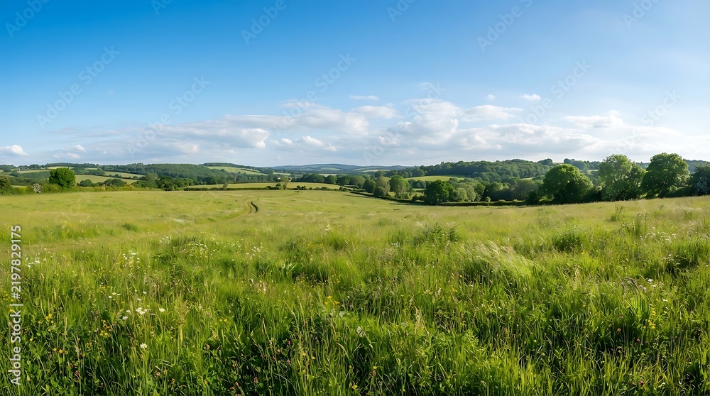 Obraz premium Panoramic view of a lush green meadow and rolling hills under a bright blue sky with scattered white clouds in the countryside
