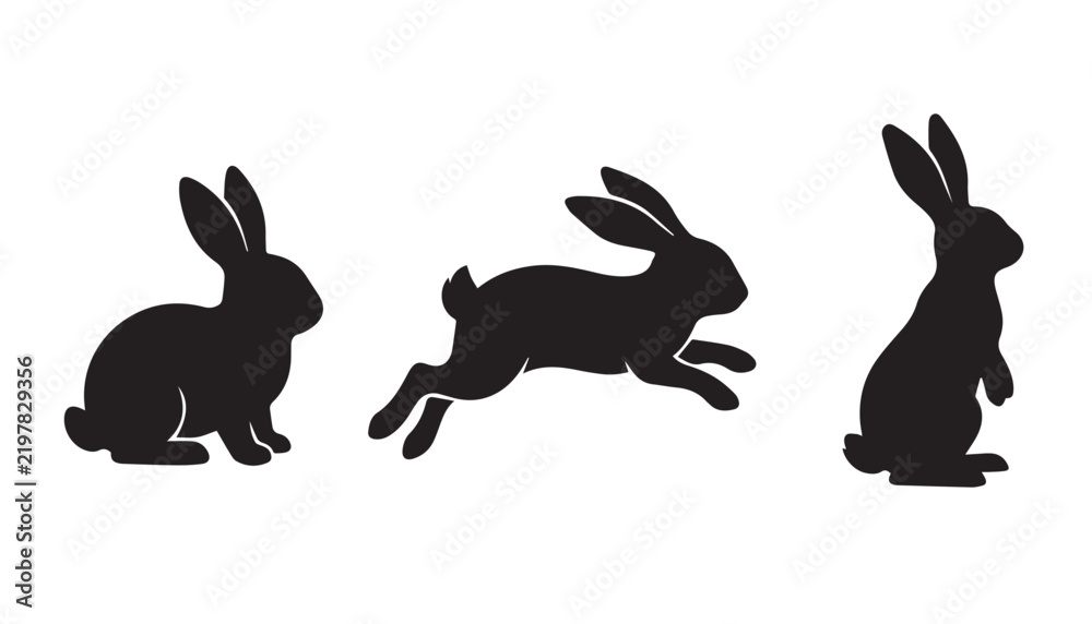 Obraz premium black color silhouette set of three rabbit vector illustration, solid white background