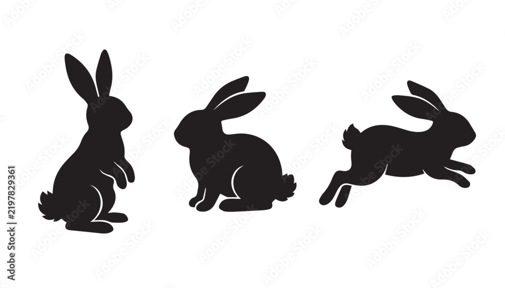 Obraz premium black color silhouette set of three rabbit vector illustration, solid white background