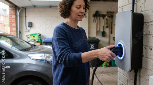 Woman plugging electric car into wall charger inside home garage