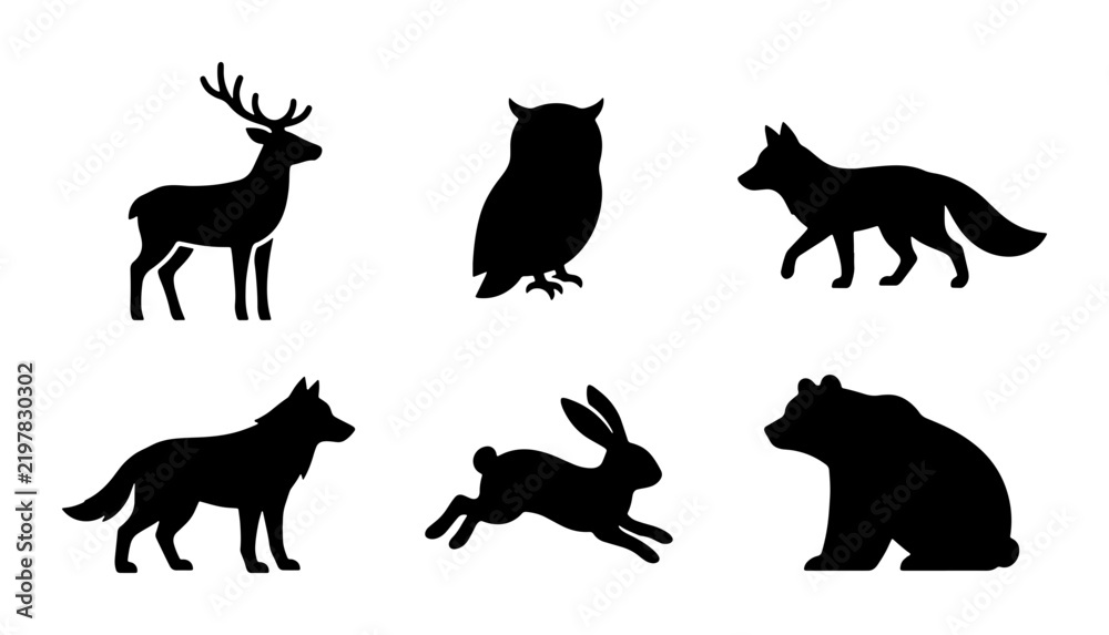 Fototapeta premium Forest Animal Silhouettes: Deer, Owl, Fox, Wolf, Rabbit, Bear Vector Icons