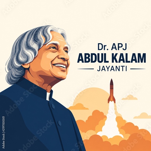 Dr apj abdul kalam illustration with rising space rocket launch and orange sunset sky background