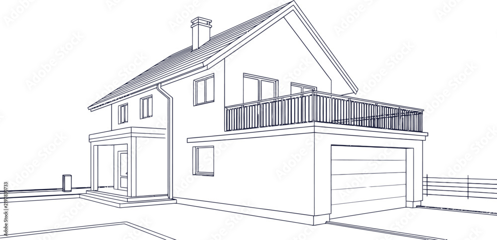 Fototapeta premium Architectural line of a two-story suburban residential house with a garage, balcony, chimney, and windows, isolated on a white background, black and white