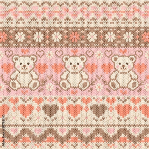 Cozy Fair Isle knit texture illustration of cute teddy bears, pink hearts, and daisies in a charming horizontal repeating pattern for nursery decor or children's apparel.