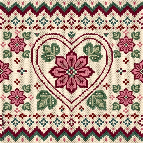 Traditional Scandinavian knit pattern featuring an intricate floral heart motif in red and green, a cozy and detailed textile ideal for Christmas or folk art backgrounds.