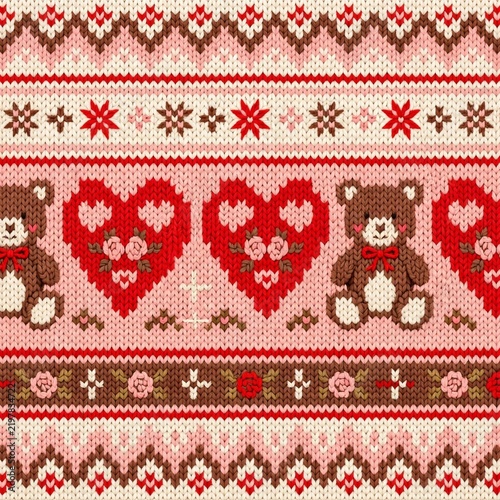 Cozy Valentine's Day knit sweater pattern featuring cute teddy bears, romantic rose hearts, and nordic snowflakes in a repeating design for holiday textile backgrounds.