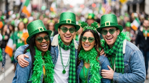 Cheerful young adults wearing green hats and accessories for a St Patricks Day celebration.