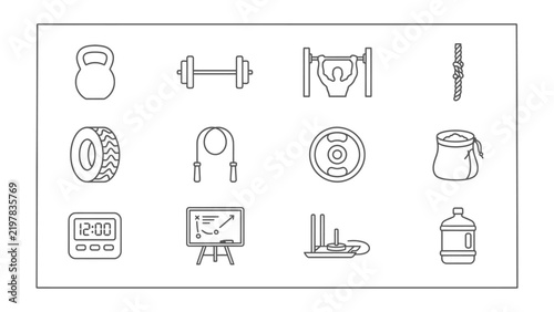 Fitness Equipment Icons: A collection of stylized, line-art icons representing various fitness equipment, including weights, a tire, jump rope, and a pull-up bar.